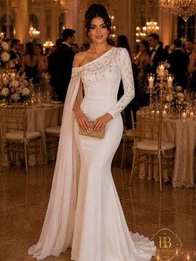 White One Shoulder Evening Gown | Elegant Cape Formal Wedding Guest Dress